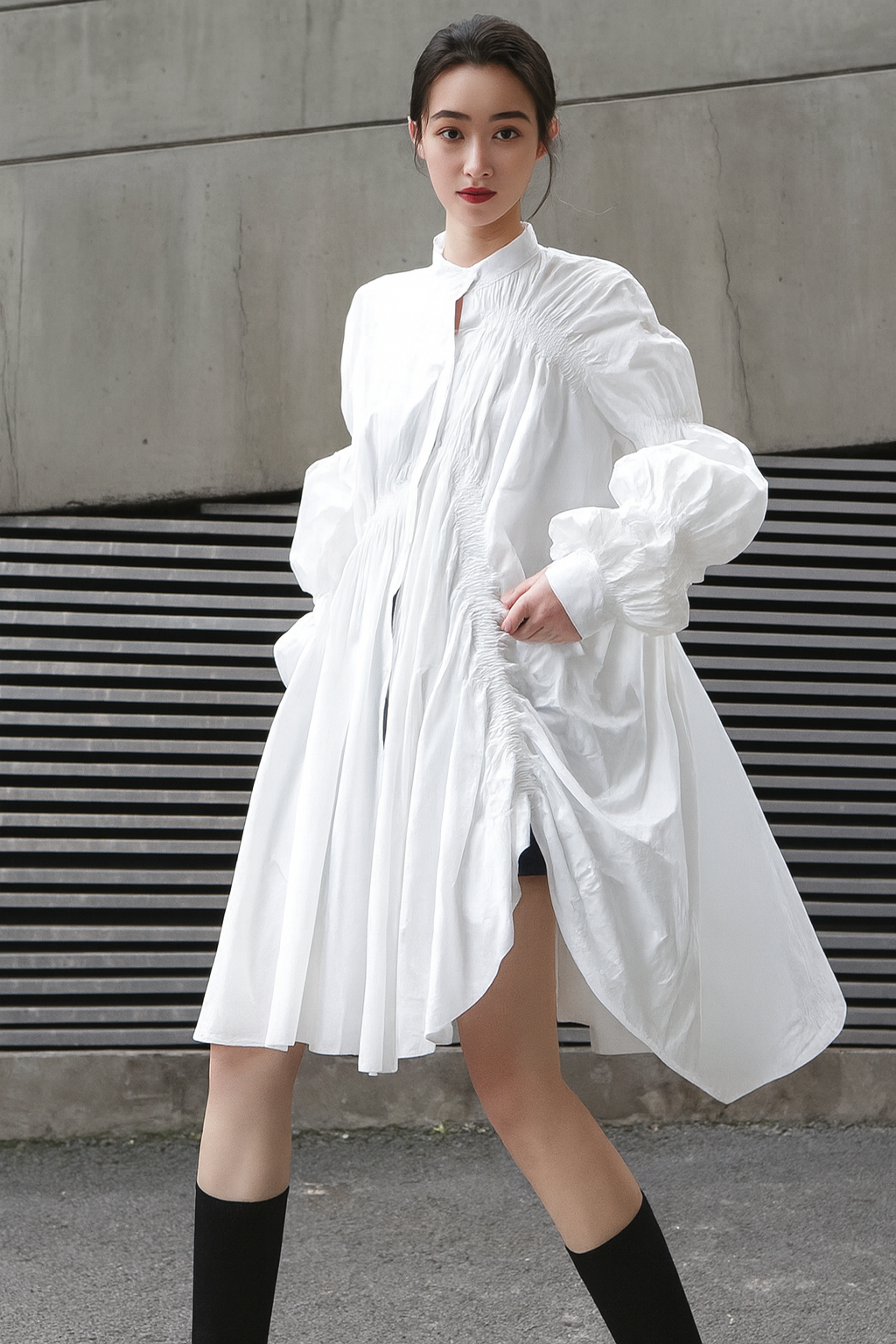 Long Sleeve Pleated Shirt Dress